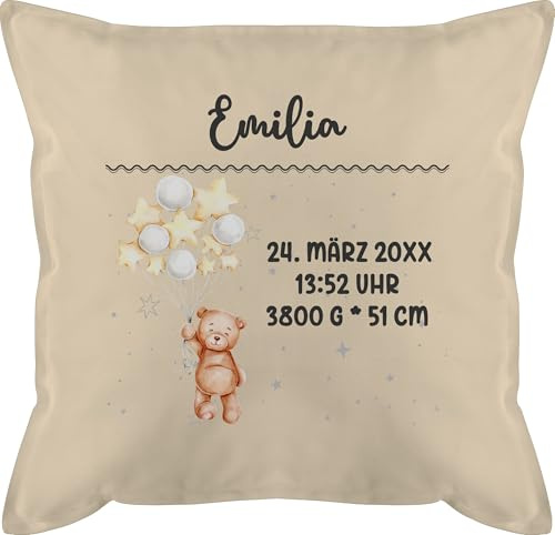 Kissen 50x50 - Geburtsgeschenk Teddy Bär Datum Uhrzeit Gewicht Größe I Geschenk zur Geburt personalisiert - 50 x 50 cm - Beige Natur - personalisierte Geschenke Baby geburtskissen neugeboren