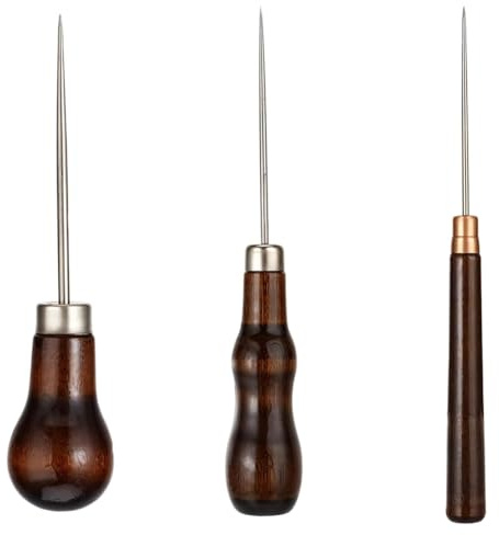 Tuesoa 3 Pcs Awl Tool Set Leather Scratch Awl Tool Stitching Sewing Awl with Wooden Handle Piercing Awl Needle Tools
