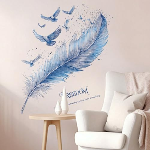 Wandtattoo Blaue Feder Wandsticker Wanddeko für Wohnzimmer Schlafzimmer Sofa Hintergrund,Wandaufkleber Kinderzimmer Mädchen und Jungs,Wandaufkleber Diy Wandkunst Dekor