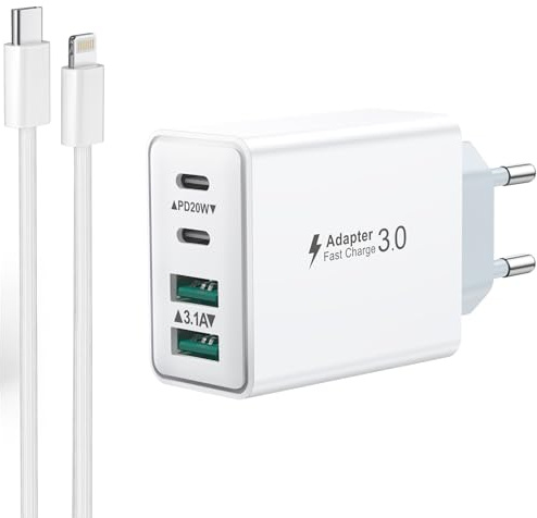 USB C Ladegerät mit 2M Kabel, 40W 4 Ports Schnellladegerät, Mehrfach Stecker Mit Power Adapter Fast Charger Netzteil für iPhone 14/14 Plus/14 Pro/14 Pro Max/13/12/11/X/XS MAX/XR/SE/8