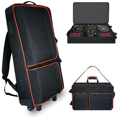 LIWSHWZ DJ Controller Case with Wheels for DDJ XDJ-RR/RX/FLX10/1000/FLX4/GRV6/REV1/REV5/REV7,Rolling Waterproof DJ Backpack with 2 Accessory Pocket,15.6 Laptops Compartment,Thickened Pearl Cotton