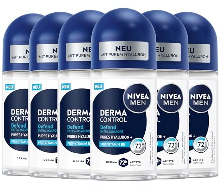 NIVEA MEN Derma Control Defend Deo Roll-On (50 ml), hautpflegender 72h Antitranspirant Schutz, Deo für Männer mit Hyaluron und Pro-Vitamin B5 (6 x 50 ml)