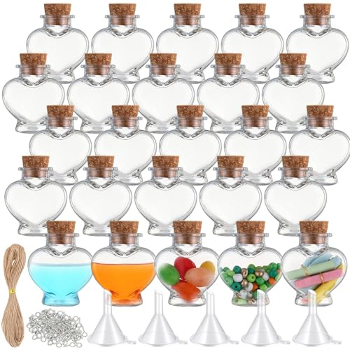 Bokon 25 Packs 1 oz Mini Plastic Bottles with Cork, Heart | Small Potion Bottles, Tiny Clear Sand Art Jar, Wishing Vial Bulk for Birthday, Halloween Valentines Party, DIY Crafts Gift