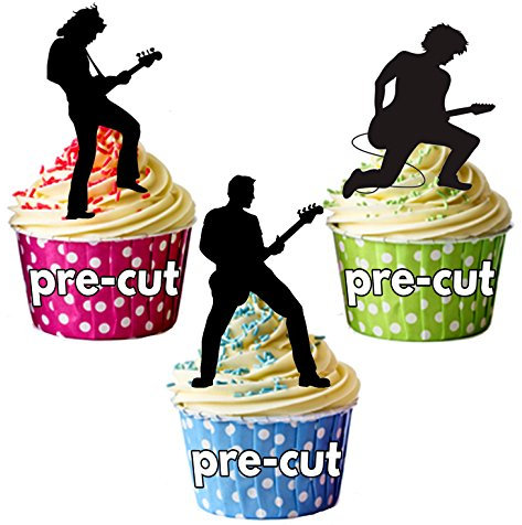 AK Giftshop PRECUT Rock Star/Rock Guitarist Silhouettes - Edible Cupcake Toppers/Cake Decorations (Pack of 36)