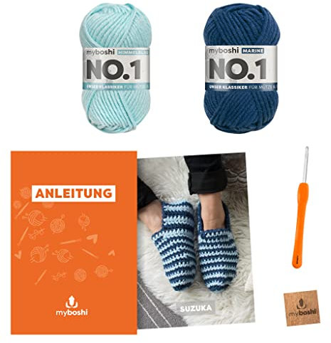 myboshi Häkelset Hausschuhe Suzuka, inkl. No.1 Wolle, Nadel und Anleitung, Schuh-Häkelpaket, 30% Merinowolle Blau, mit Häkelnadel