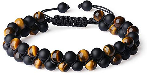 COAI Pulsera Ajustable Doble Capa de Piedras Semipreciosa Ónice Mate y Ojo de Tigre para Hombre