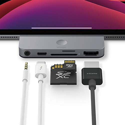 elago Adaptador Aluminio 5 en 1 Hub Tipo C Pocket Pro Compatible con iPad and Otros Dispositivos USB-C - HDMI 4K, Carga de USB-C PD, 3.5mm Conector de Audio, SD y Micro SD Lector de Tarjeta