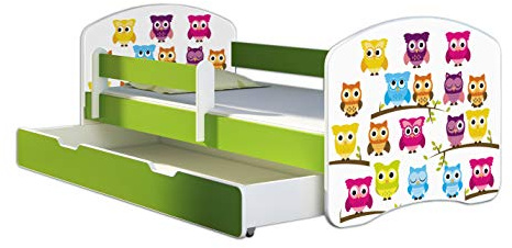 ACMA Kinderbett Jugendbett mit Einer Schublade und Matratze Grün mit Rausfallschutz Lattenrost II 140x70 160x80 180x80 (31 Eule, 140x70 + Bettkasten)