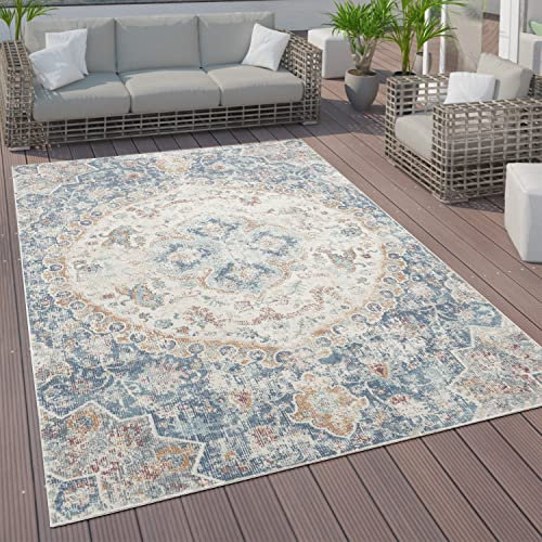 Paco Home In- & Outdoor-Teppich Für Balkon Terrasse, Kurzflor Mit Orient-Muster In Blau, Grösse:120x170 cm