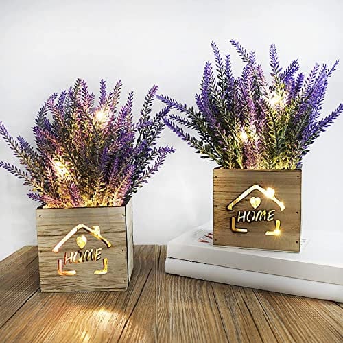AceList 2 Stück Kunstpflanze mit LED-Lichtern in Holzkiste,11 x 9 x 26cm künstliche Pflanze kunstpflanzen im Topf für Home Office Schreibtisch Küchendekoration, Valentinstag/Muttertag
