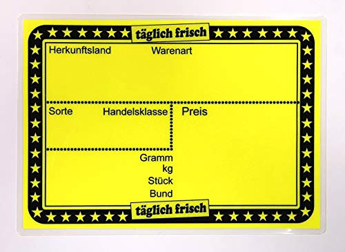 20 laminierte Preisschilder mit Sternen 111 x 154 mm leuchtgelb für Obst und Gemüse mit Aufdruck Werbesymbole