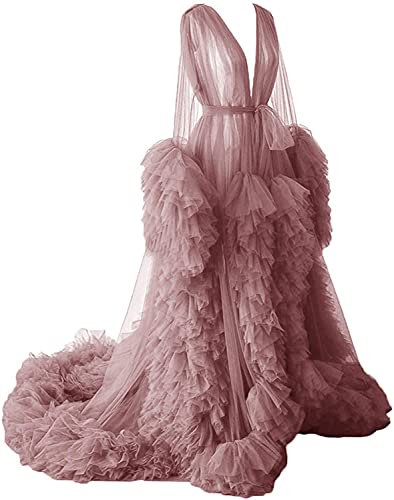 Damen Tüll Robe Shooting Wearing a robe of see-through tulle long puffy maternity photo shooting, Dusty Rose, 38
