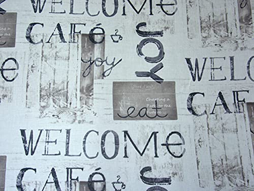 Dekostoff Viac | Meterware Druckmotiv Schrift Cafe Welcome Eat | Stoffbreite 150cm in 0,5m Schritte | Vintage Style