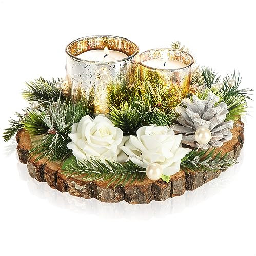 COM-FOUR® Teelichthalter - dekorativer Kerzenständer - Kerzenhalter mit Blüten, Zweigen und Zapfen auf Baumscheibe - Handarbeit (2 Kerzenhalter - Baumscheibe)