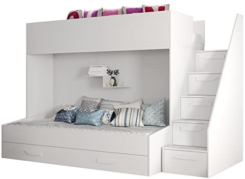 MEBLE KRYSPOL Hochbett Party 16 für Kinder, Jugendliche mit Stauraum - Etagenbett mit Schreibtisch, Kleiderschrank, Bücherregal und Trittleitern - 247x135x165 cm - Weiße