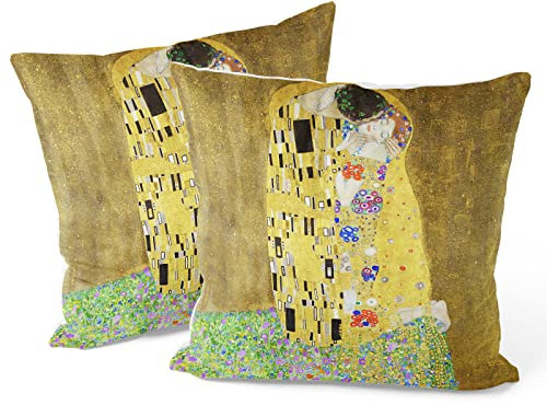 Berkin Arts Dekorative Abstrakt Kunst Art Quadrat Kissenhülle 2er Set Kissenbezug 45x45cm Zierkissenbezüge Sofakissen Dekokissen Gelb Blumen Für Wohnzimmer (Gustav Klimt-Der Kuss)