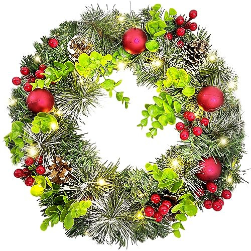 Weihnachtsgirlande mit Beleuchtung Batterie, Türkranz Weihnachten Außen, Kranz Weihnachten LED, Weihnachtskranz Haustür mit Kugeln Tannenzapfen, Weihnachtsdeko Amerikanisch Tür Advent Girlande (∅35cm)