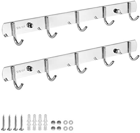 Lot de 2 porte-manteaux muraux épais en acier inoxydable 304 – 5 crochets muraux en nickel brossé, crochets muraux en acier inoxydable, crochets de montage mural argentés pour salon, cuisine