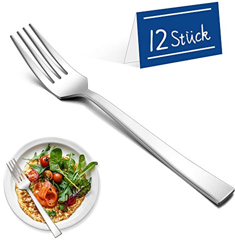 Joyfair Juego de 12 tenedores de mesa de acero inoxidable de 19,5 cm, modernos tenedores de comedor, pulido con espejo y apto para lavavajillas