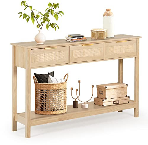 LAZZO Table console en rotin de style bohème étroit et long avec 3 tiroirs et étagère de rangement ouverte pour salon et couloir - Bois naturel
