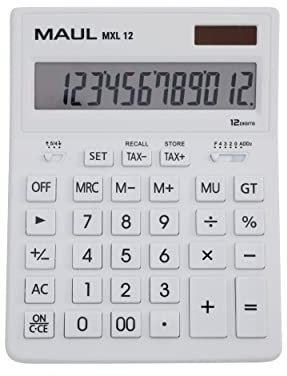 MAUL Kaufmännischer Taschenrechner MXL12 | 12 Stellen | inkl. Steuerberechnung | angewinkeltes Display |großer Profi-Tischrechner | Solarbetrieben | inklusive Batterie | 20,5 x 15,5 cm | Weiß