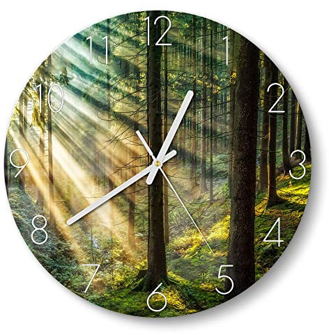 DEQORI Glasuhr | rund Ø 30 cm | Motiv Licht durchbricht Bäume | ausgefallene leise Design Uhr aus Glas | Wanduhr für Wohnzimmer & Küche | Moderne Hingucker Uhr für die Wand