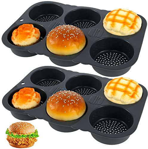 Beenle-Icey 2Pcs Silicone Hamburger Bun Mold 6-Cavity Egg Muffin Baking Pan Non-Stick Round Burger Bun Maker Reusable Bread Tray for Hamburger Chocolate Cake Pie Custard Tart