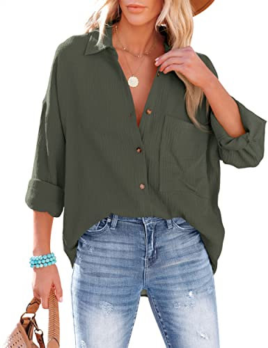 NONSAR Blusa Mujer Camisa Casual con Cuello en V 100% Algodón Ajuste Holgado Sólido Parte Superior Gruesa Elegante con Bolsillo, Verde militar., L
