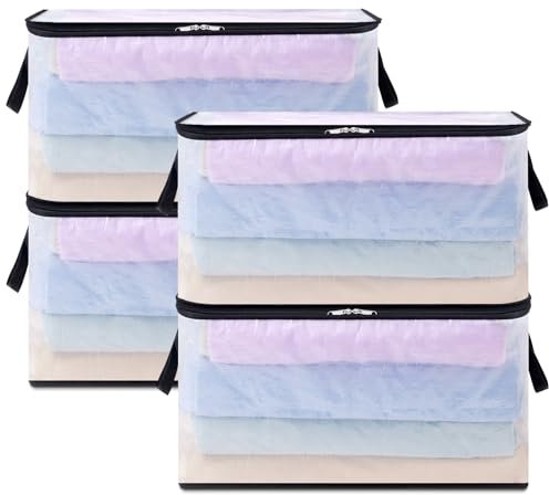Lifewit 4 Stück Transparente Plastik Aufbewahrungstasche, 60L Kleideraufbewahrung Kleiderschrank Aufbewahrung Umzugskartons Aufbewahrungsboxen mit Verstärkter Griff für bettdecken, Kleidung, Decke