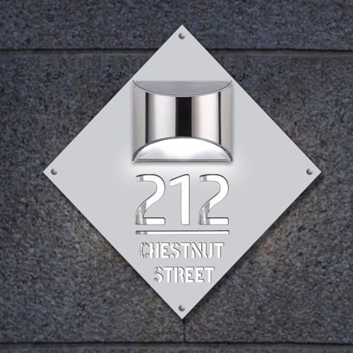 Personalized led solar powered modern address house Number sign for Outside, Custom light up solar door number Sign Plaque, LED Address Sign Outdoor Waterproof (diamond)