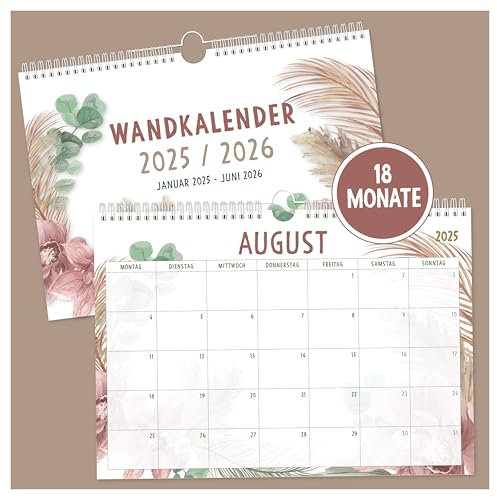 OWLBOOK® Kalender Wandkalender 2025 bis Juni 2026-18 Monate - Geburtstagsplaner Familienplaner Familienkalender Jahreskalender Jahresplaner 2025 Boho Design - A4 quer Papier