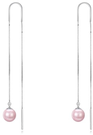Pink Pearl Drop Earrings Sterling Silver Long Pink Threader Earrings Pull Through Pearl Ball Dangle Earrings Jewellery Gifts for Women Teen Girls