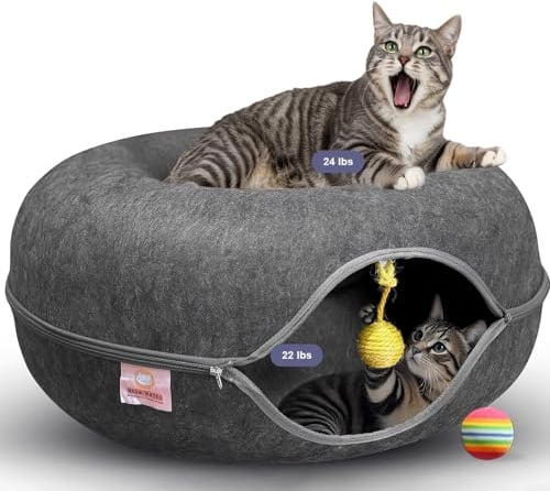 Meow Mates Peekaboo große Katzenhöhle und Katzentunnelbett, 61 cm, Donut-Katzenbett für Indoor-Katzen bis zu 13,6–20,4 kg, kratzfest, abnehmbar und waschbar, Katzen-Donut-Tunnel (dunkelgrau, groß)