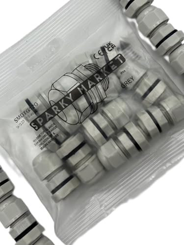 Pack of 10 M12 Grey 12mm IP68 Waterproof Nylon Cable Glands, Locknut and Washer for 3mm - 6.5mm Cables, Compression Stuffing Gland Connector Sparky Market