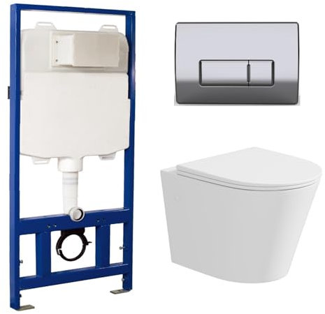 Verona Matt White Wall Hung Rimless Toilet with Soft Close Seat Chrome Pneumatic Flush Plate 1170mm Frame & Cistern