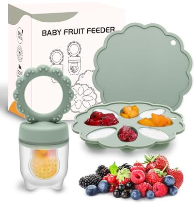 Baby Fruit Food Feeder & Mini Popsicle Ice Tray Set, BPA Free Silicone Baby Feeder for Safe Solid Food Feeding, Breastmilk Popsicle Molds for Cooling Relief, 4 Month+