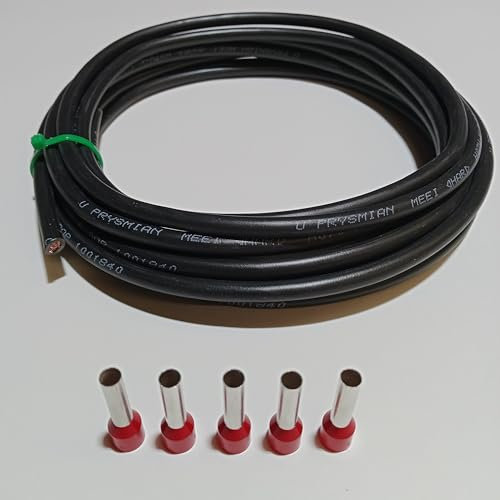 Verdrahtungsleitung 10mm² - schwarz, grau, braun, blau, grün/gelb - H07V-K PVC-Einzelader - Aderleitung feindrähtig flexibel (2-100m) inkl. 5 Aderendhülsen (schwarz, 10 Meter)