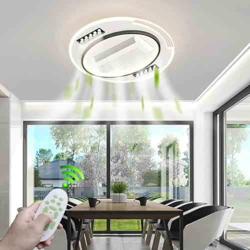 LYSDjia Modern Ceiling Fans with Lights Remote Control Low Profile Flush Mount Ceiling Fan Farmhouse Bladeless Black Ceiling Fan with Light LED Dimmable 6 Speed Reversible for Kitchen Living Room (Si