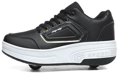 Wttagkl Laufschuhe mit Rollen, Turnschuhe, einziehbare technische Skateboard-Schuhe, modische Skateboard-Schuhe, Rollschuhe, Outdoor-Training, Kinder, Teenager, black-42EU