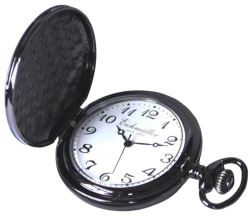 Eichmüller Quartz Savonnette Sprungdeckel Taschenuhr Schwarz mit Karabiner Kette und Box