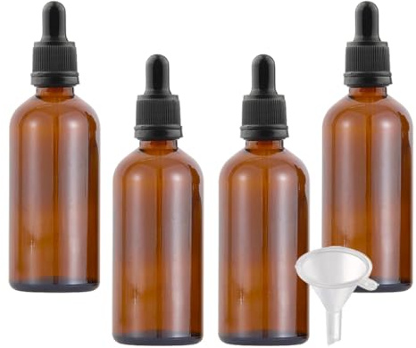 LusDoly 4 Pcs 100ml Brown Glass Dropper Bottles with Tamper-Evident Screw Cap Bottle Vials for Essential Oil Aromatherapy Fragrance Blends