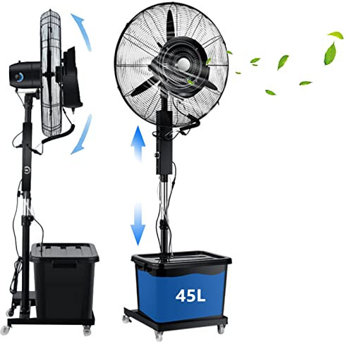 Ventilador de pedestal con nebulización para exteriores con tanque de gran capacidad de 45 L, kit de pulverización de neblina, función de oscilación, ventilador de enfriamiento de altura ajustable pa