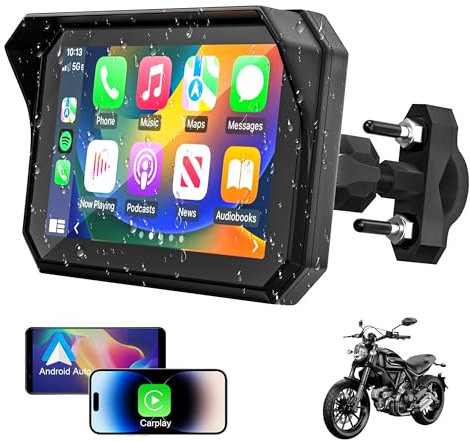 Motorcycle CarPlay 5 IPS Touch Screen with Wireless CarPlay and Android Auto, IP67 Waterproof Motorbike GPS, Dual Bluetooth Music Via Helmet, Navigation, Siri Google