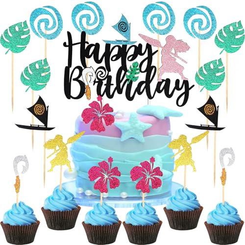Huaxintoys Kuchendeko Vaiana, 25 Stück Hawaii Deko Geburtstag Set, Cake Topper Blumen, Blätter Geburtstag Deko, Segelboot Party Kuchen Dekoration, Vaiana Party Geburtstags Dekoration