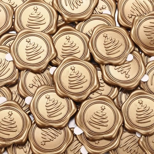 Filhome 50 Pcs Christmas Tree Wax Seal Stickers - Merry Christmas & Vintage Self-Adhesive Sealing Stickers for Xmas Invitation & Party Supply