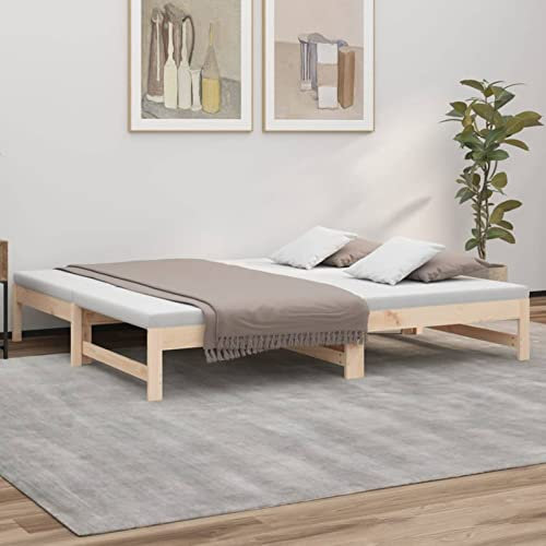 Homgoday Sofá Cama Extraíble, Cama Convertible en Cama Individual Cama Divan Sofá Cama Matrimonio de Madera Estructura Sofás de salón Madera Maciza de Pino Natural 2X(75x190) cm