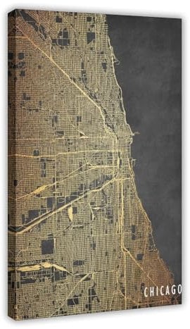 THNIKK Stampa artistica da parete con Chicago Kaart Van Chicago, Illinois Kaart, poster su tela, decorazione per camera da letto, sport, ufficio, stanza, regalo, con cornice, 50 x 75 cm