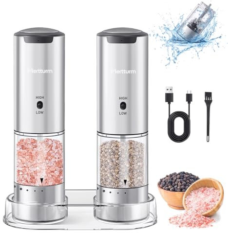 MERTTURM Electric Salt and Pepper Grinder Set, USB Rechargeable Salt and Pepper Mill-2 Speeds&5 Coarse Levels Adjustable, Stainless Steel Auto Pepper Mill with Base/Washable Container/LED Light-2 Pack