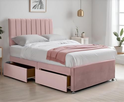 BED TIME UK - Pink Plush Fabric Divan Bed with Storage | Double Bed (4FT6) | 2 Drawers, 26” Vertical Lined Headboard & Spring Memory Foam Mattress | Complete Bed & Mattress Set