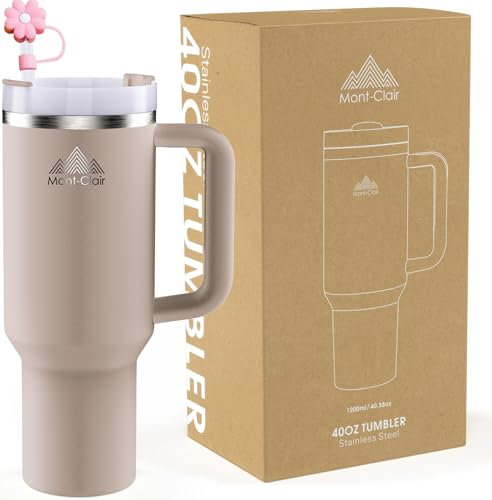 Tumbler 40oz - Trinkflasche mit Strohhalm 1.2L - Thermobecher mit Strohhalm Kühlt 10 Stunden - 48 Stunden Eisgekühlt - Trinkbecher mit Deckel und Strohhalm BPA Frei - Kaffeebecher To Go - Mandel